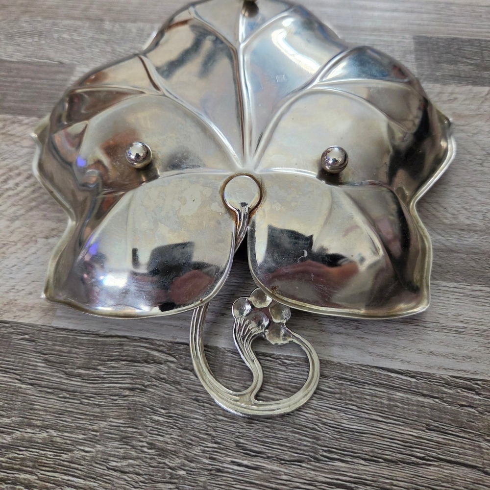 Vintage Silver Plated Leaf Dish Grape Handle Footed Trinket Bowl Hong Kong 9.5" - Picture 6 of 16